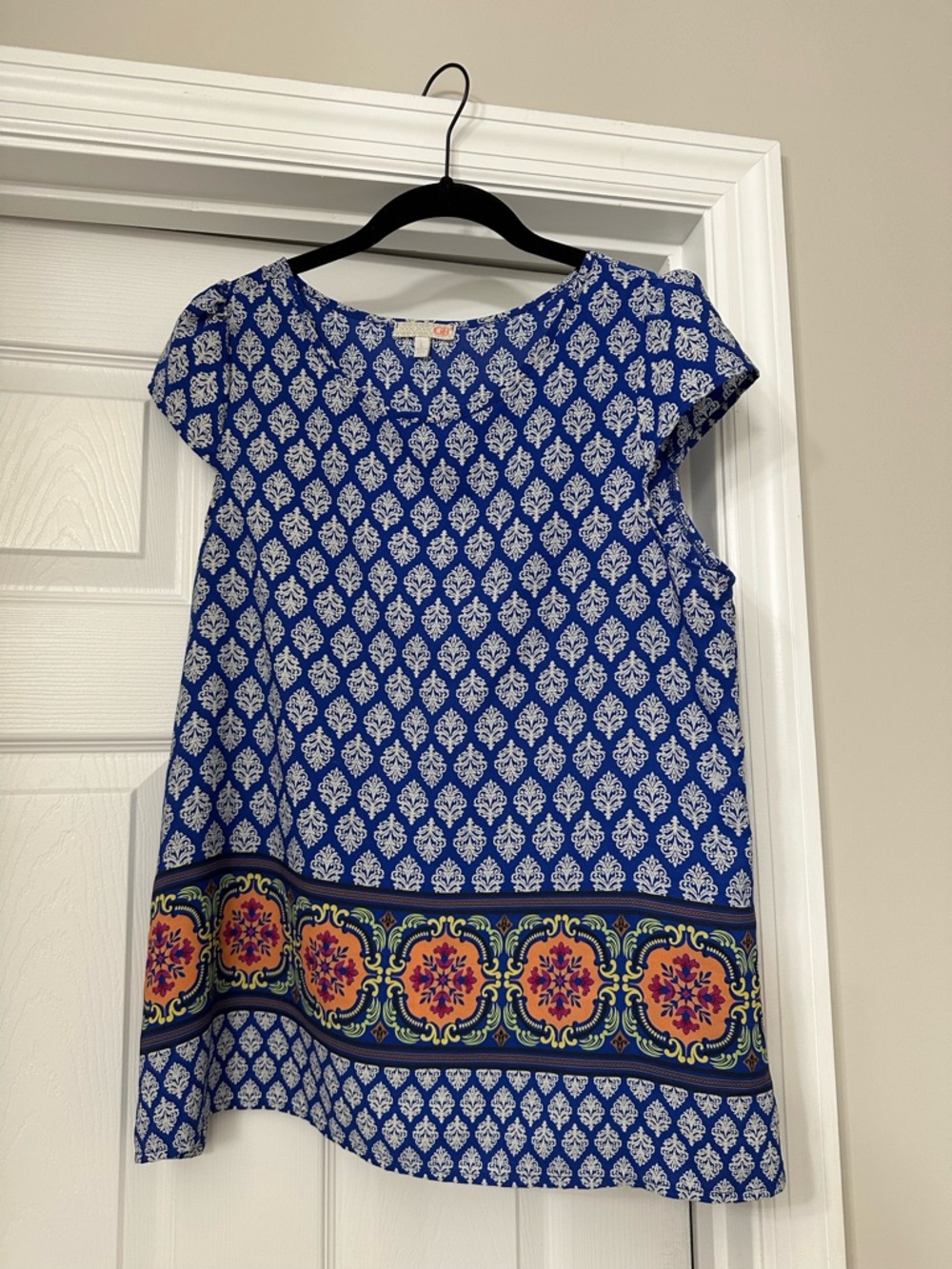 Gianni Bini Royal Blue and White Printed Cap Sleeve Tunic